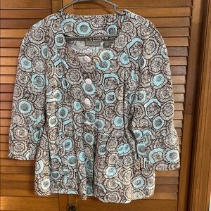 Kim Rogers Teal and Brown Floral Jacket 3/4 Sleeve Size XL
